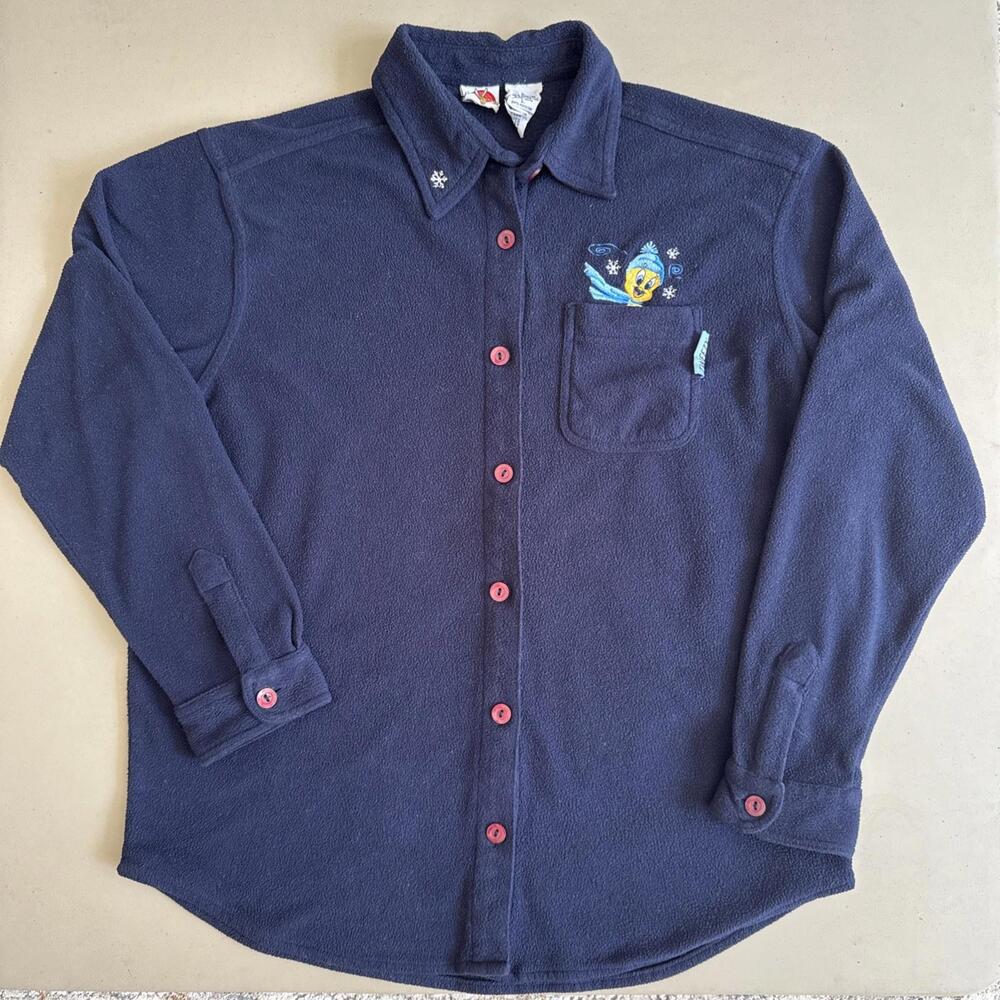 Looney Tunes Fleece Button Down Womens Large Navy Blue Tweety Bird Vintage Retro - Picture 2 of 4